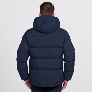 A navy puffer jacket with a hood, featuring a quilted design and a logo on the back.