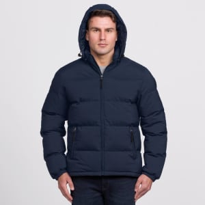 A navy puffer jacket with a hood, featuring a zip front and side pockets. The model is wearing it.