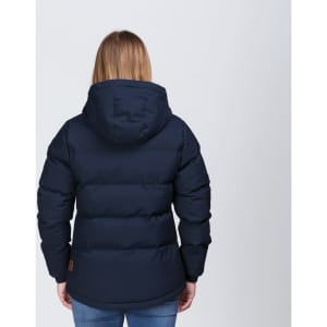 A navy blue puffa jacket featuring a hood, with a fitted design and puffy sections. It has a branding logo.