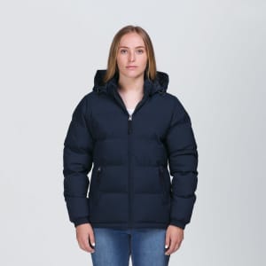 A navy blue puffer jacket with a hood, featuring zippered pockets and a sleek design.