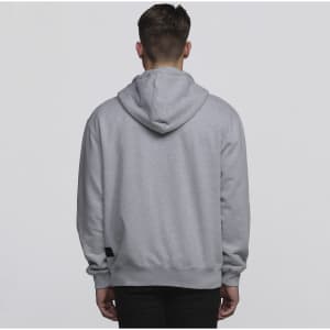 A grey men's vintage hoodie with a hood, featuring a logo on the side.