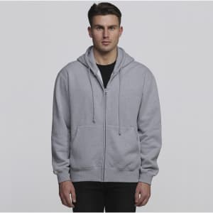 A grey vintage hoodie with a zip front and drawstring hood, featuring a logo on the front.