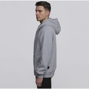 A grey vintage hoodie with a front pocket and a hood, styled for a casual look. It features a logo on the side.