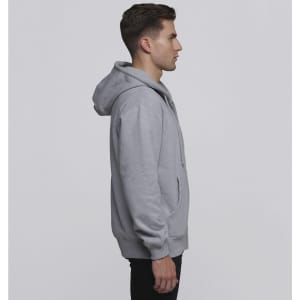 A grey vintage hoodie featuring a spacious hood and a front pocket, shown on a model from the side.