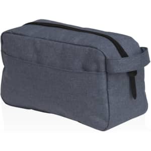 A grey toiletry bag with a zip closure and a side handle, featuring a simple design and a logo.