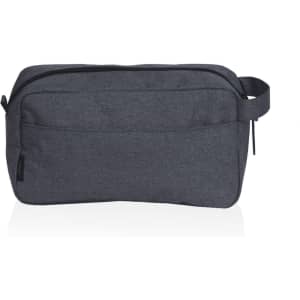 A grey toiletry bag with a front pocket and a handle, featuring a logo.