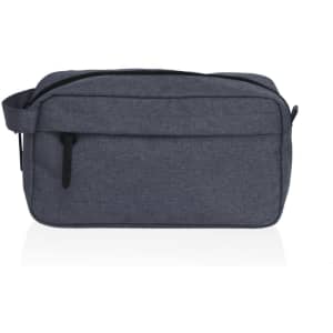 A grey toiletry bag with a zippered main compartment and a front pocket, featuring a logo.