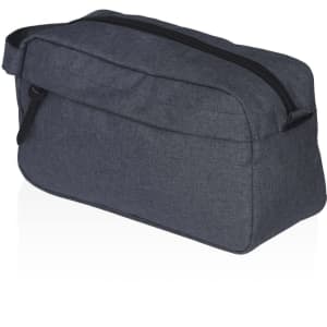 A dark grey toiletry bag with a zip closure and a side handle, featuring a branding logo.