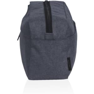 A toiletry bag in dark grey with a zip closure, featuring a side pocket and a logo.
