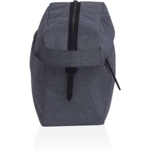A grey toiletry bag with a zip closure and a small handle on the side. It features a logo.