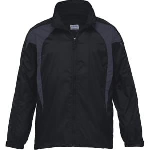 A black rain jacket with grey accents, featuring a zip front and a collar. It has a logo on the chest area.