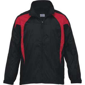 A black and red rain jacket with a zip front and a logo on the chest.