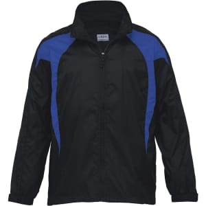 A black rain jacket featuring blue accents and a full zip front. It includes a collar and has a logo on it.