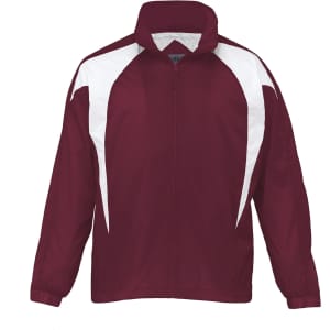 A maroon rain jacket with white accents, featuring a stand-up collar and elastic cuffs. Includes a logo.