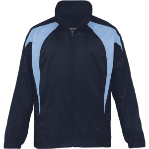 A navy rain jacket with light blue accents and a zip-up front, featuring a logo on the chest area.