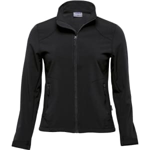 A black soft shell jacket with a zip front and two side pockets. It features a collar and has a logo.