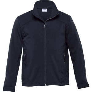 A black soft shell jacket with a zip front, two side pockets, and a collar. Features a logo on the garment.