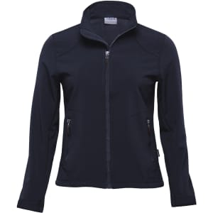 A soft shell jacket in navy blue, featuring a zip front and pockets, with a logo on the chest.