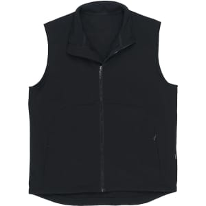 A black soft shell vest featuring a high collar and a front zip, with side pockets and a logo present.
