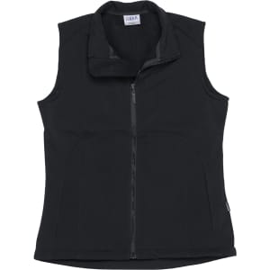 A black soft shell vest with a zip front and a high collar, featuring a logo on the side.