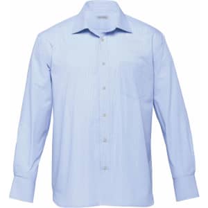 A light blue button-up shirt featuring long sleeves and a chest pocket, with a logo on the label.