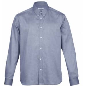 A button-up shirt in a light blue hue, featuring a collar and long sleeves. It has a logo on the chest.
