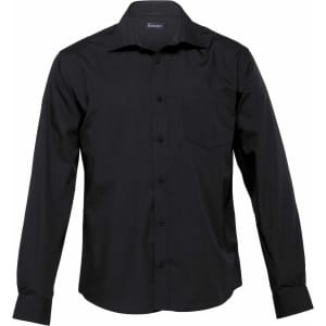 A black button-up shirt featuring long sleeves and a single chest pocket; includes branding.
