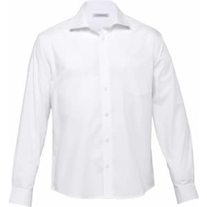 A white button-up shirt with a pocket and long sleeves, featuring a logo on the collar.