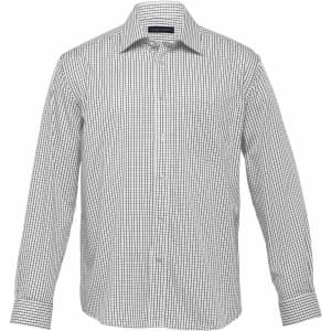 A button-up shirt in a black and white checkered pattern, featuring a collar and long sleeves.