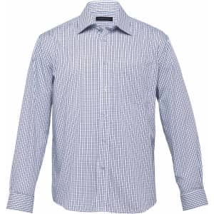 A button-up men's shirt featuring a blue and white check pattern, with long sleeves and a collar.