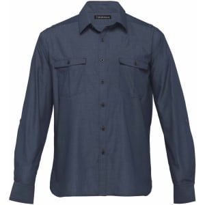 A dark navy button-up shirt with two chest pockets and long sleeves. It features a logo on the label.