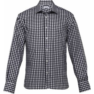 A black and white check button-up shirt with long sleeves and a collar, featuring a logo.