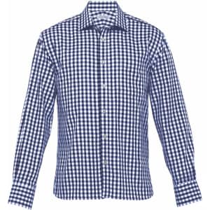 A navy and white check shirt featuring a button-up front and long sleeves. It has a logo on the collar.
