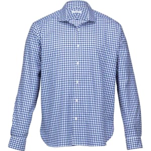 A blue and white check patterned button-up shirt with long sleeves and a collar, featuring a logo.