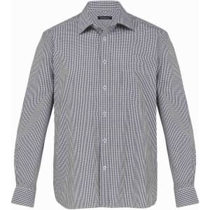A men's button-up shirt in a black and white check pattern, featuring a pocket and a collar.