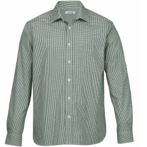 A green and white check button-up shirt with a classic collar and long sleeves. It features a logo on the chest.