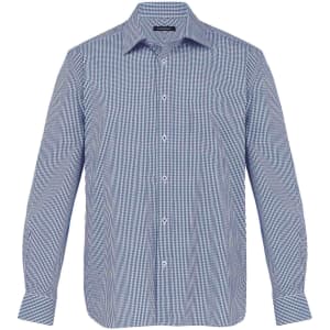 A blue and white check button-up shirt with long sleeves and a classic collar. It features a logo on the chest.