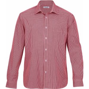 A red and white check shirt with a button-up front and long sleeves, featuring a collar and branding.