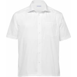 A white button-up shirt with a short sleeve and a chest pocket, featuring a logo on the collar.