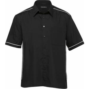 A black button-up shirt featuring white piping, a chest pocket, and a logo on the collar.