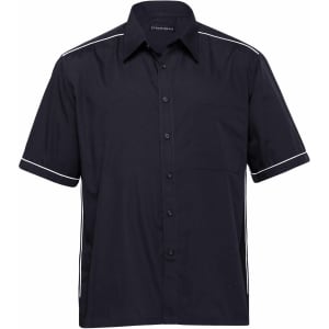 A black button-up shirt featuring white piping details and a chest pocket, with a logo on the collar.