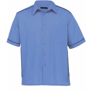 A blue button-up shirt with short sleeves and a pocket, featuring black side piping and a logo.