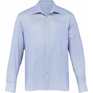 A light blue button-up shirt for men with long sleeves and a collar, featuring a logo.