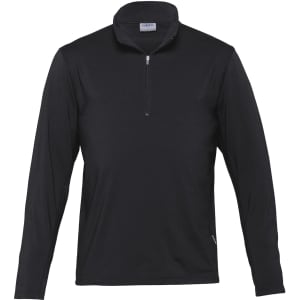A black long-sleeve shirt with a quarter zip and a logo on the collar area.