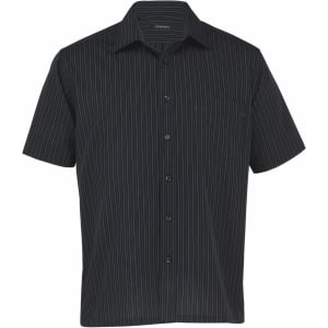 A short sleeve men's button-up shirt in black with thin stripes, featuring a pocket and a logo on the label.
