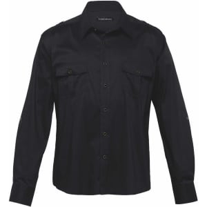 A black button-up shirt featuring long sleeves and two chest pockets, with a logo on the inside.