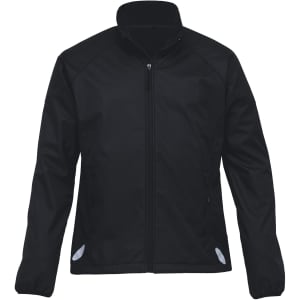 A black soft shell jacket with a zip front and a collar, featuring a logo on the sleeve.