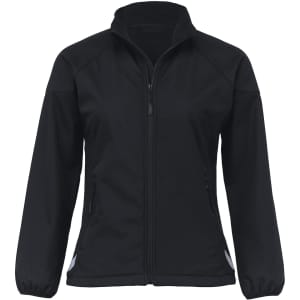 A soft shell jacket in black with a zip front and side pockets, featuring elasticised cuffs and a collar.