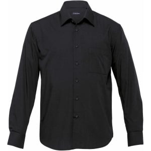 A black long sleeve button-up shirt with a chest pocket and a logo on the collar.