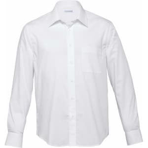 A white long sleeve button-up shirt for men with a single chest pocket and a branded logo.